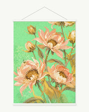Mint Garden Blooms art print with included white cylindrical hanging rods