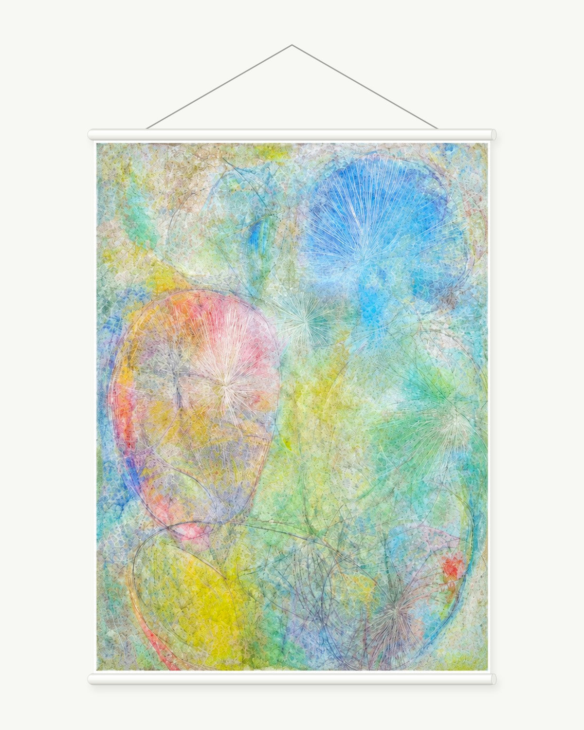 Mist Garden art print with included white cylindrical hanging rods
