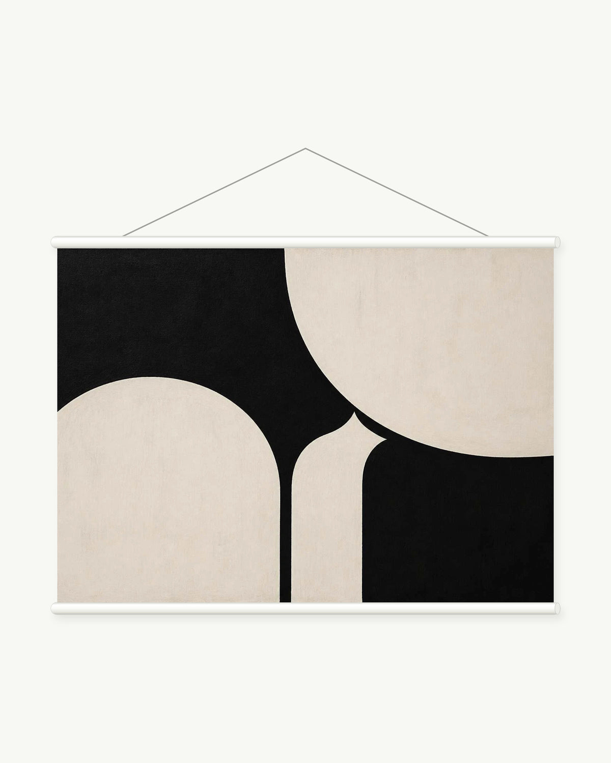 Monochrome Junction art print with included white cylindrical hanging rods