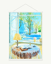 Morning at the Window art print with included white cylindrical hanging rods