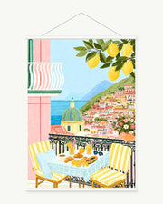 Morning on the Amalfi Terrace art print with included white cylindrical hanging rods