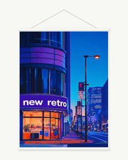 Neon Corner art print with included white cylindrical hanging rods