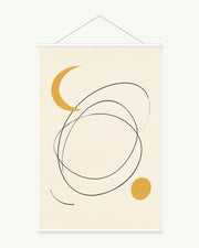 Ochre Orbit art print with included white cylindrical hanging rods