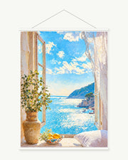 Open Window to Blue Water art print with included white cylindrical hanging rods
