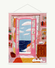 Open Window to Sea art print with included white cylindrical hanging rods