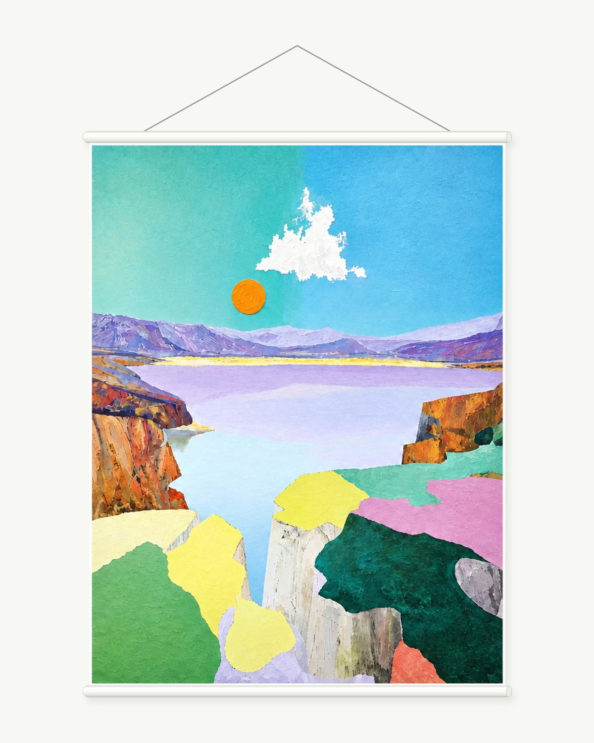 Orange Sun Over the Lake art print with included white cylindrical hanging rods