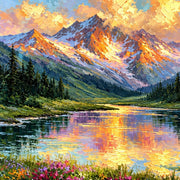 Close detail of the printed image in Golden Peaks Across the Water.