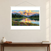 Golden Peaks Across the Water, shown as a complete bordered art print with white hanging rods above a console in a closer room view.
