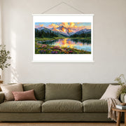 Golden Peaks Across the Water, shown as a complete bordered art print with white hanging rods above a sofa in a living room.
