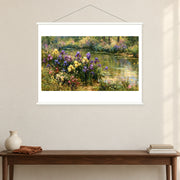 Iris Bank in Dappled Light, shown as a complete bordered art print with white hanging rods above a console in a closer room view.