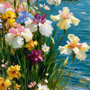Close detail of the printed image in Irises Above a Turquoise Cove.