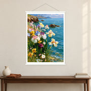 Irises Above a Turquoise Cove, shown as a complete bordered art print with white hanging rods above a console in a closer room view.