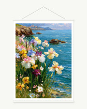 Irises Above a Turquoise Cove, complete art print with a white paper border and included white cylindrical hanging rods.