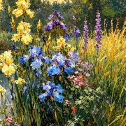 Close detail of the printed image in Yellow Irises at Sundown.