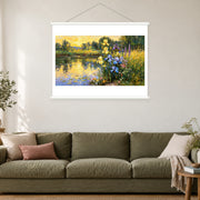 Yellow Irises at Sundown, shown as a complete bordered art print with white hanging rods above a sofa in a living room.