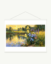 Yellow Irises at Sundown, complete art print with a white paper border and included white cylindrical hanging rods.