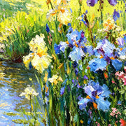 Close detail of the printed image in Blue Irises Beside the Brook.