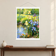 Blue Irises Beside the Brook, shown as a complete bordered art print with white hanging rods above a console in a closer room view.