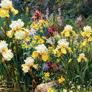 Close detail of the printed image in White Irises on the Shaded Bank.