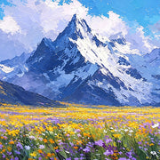 Close detail of the printed image in Wildflower Plain Below Snow Peaks.