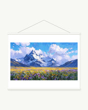 Wildflower Plain Below Snow Peaks, complete art print with a white paper border and included white cylindrical hanging rods.