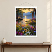 Sunset Between Lakeside Pines, shown as a complete bordered art print with white hanging rods above a console in a closer room view.