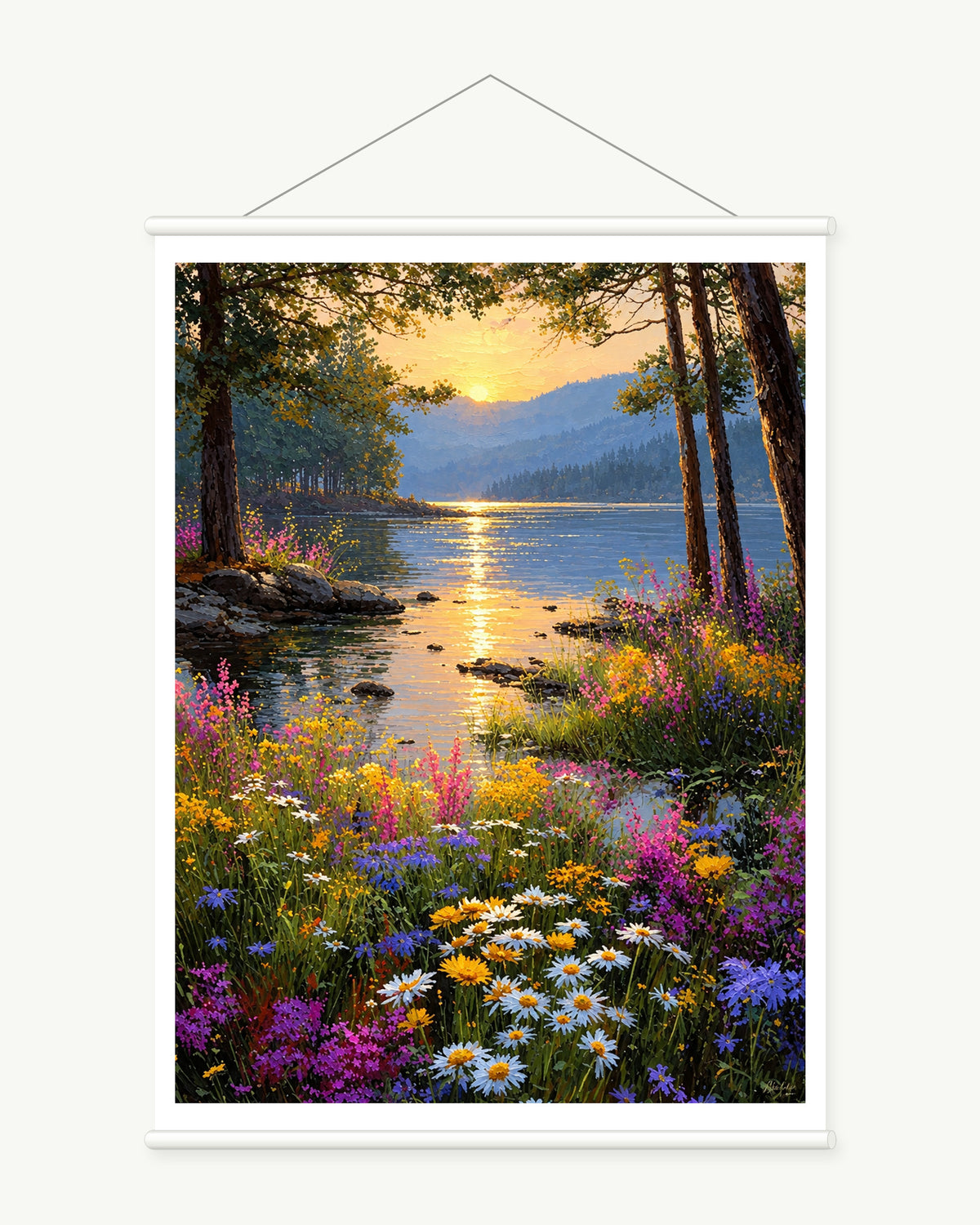 Sunset Between Lakeside Pines, complete art print with a white paper border and included white cylindrical hanging rods.