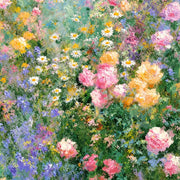 Close detail of the printed image in Pastel Flowers in Blue Air.