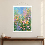 Pastel Flowers in Blue Air, shown as a complete bordered art print with white hanging rods above a console in a closer room view.