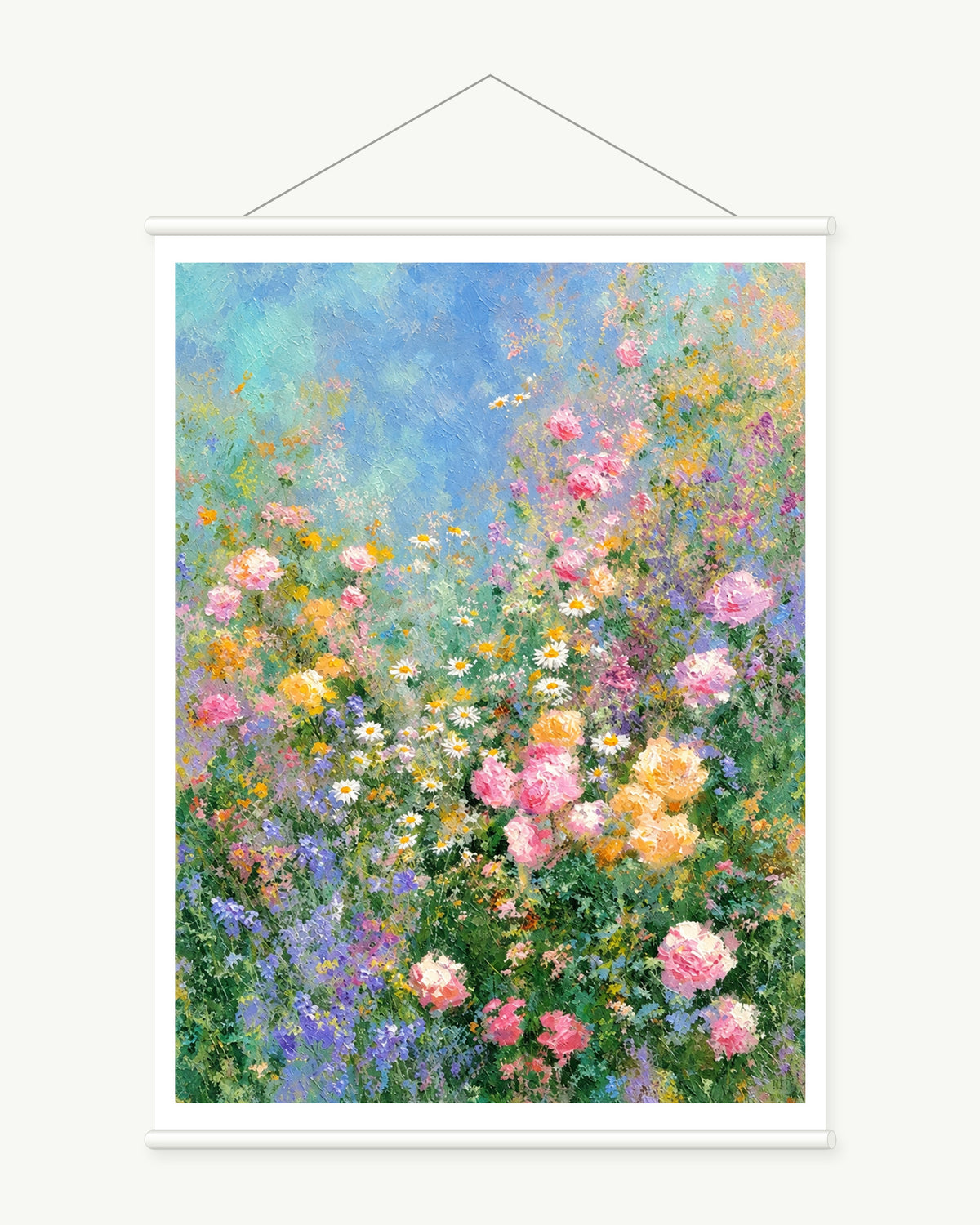 Pastel Flowers in Blue Air, complete art print with a white paper border and included white cylindrical hanging rods.