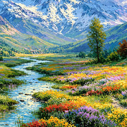 Close detail of the printed image in Meadow Stream and Mountain Chapel.