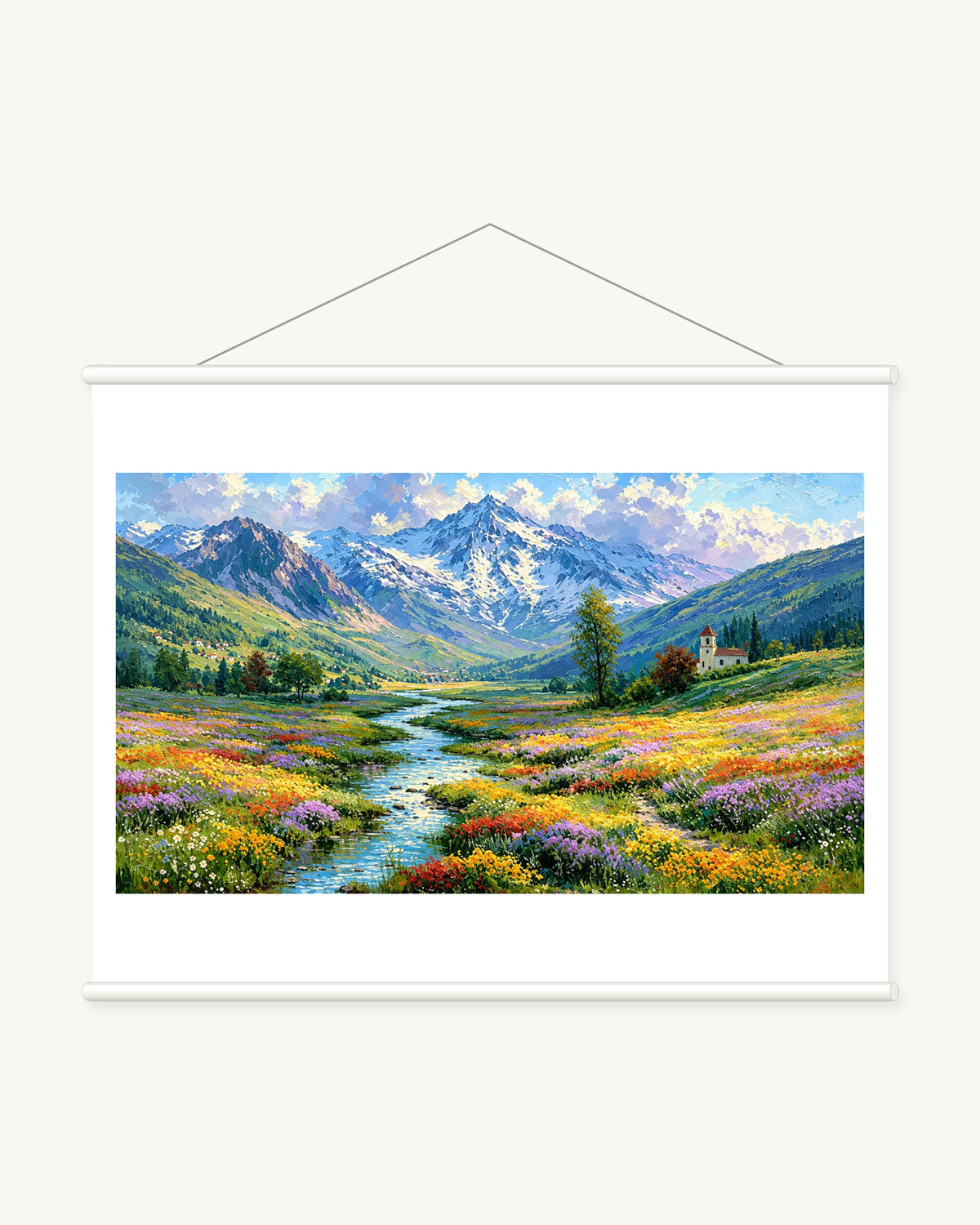 Meadow Stream and Mountain Chapel, complete art print with a white paper border and included white cylindrical hanging rods.