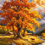 Close detail of the printed image in Autumn Tree Beneath Golden Peaks.