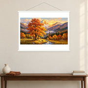 Autumn Tree Beneath Golden Peaks, shown as a complete bordered art print with white hanging rods above a console in a closer room view.