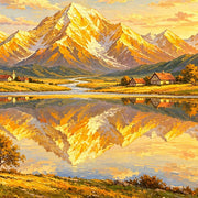 Close detail of the printed image in Alpine Village in Golden Reflection.