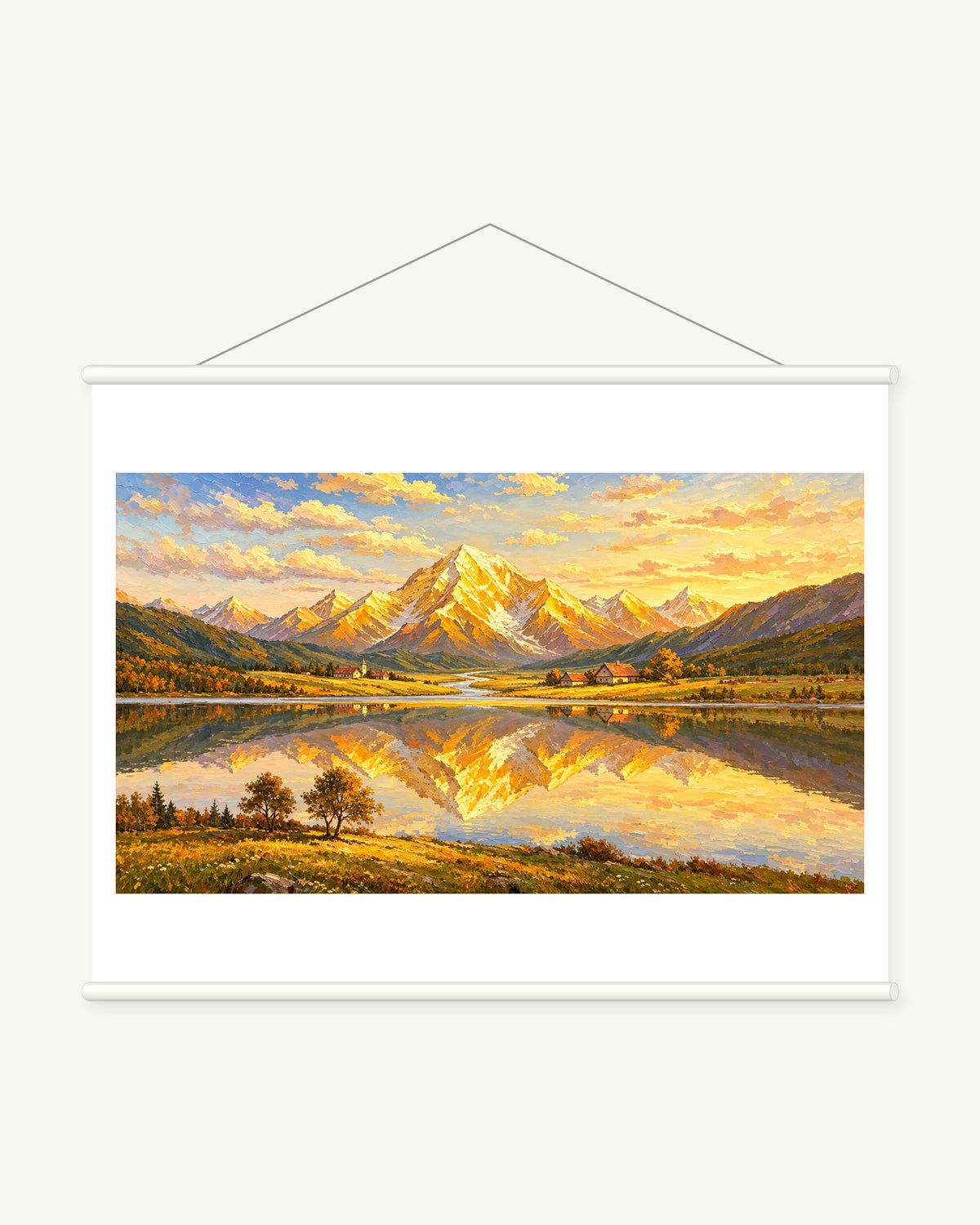 Alpine Village in Golden Reflection, complete art print with a white paper border and included white cylindrical hanging rods.