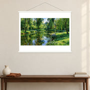 Willows Around the Garden Stream, shown as a complete bordered art print with white hanging rods above a console in a closer room view.