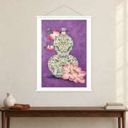 Patterned Gourd with Peaches, shown as a complete bordered art print with white hanging rods above a console in a closer room view.