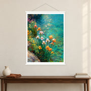 Amber Irises by Clear Water, shown as a complete bordered art print with white hanging rods above a console in a closer room view.