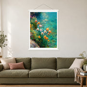 Amber Irises by Clear Water, shown as a complete bordered art print with white hanging rods above a sofa in a living room.