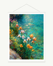 Amber Irises by Clear Water, complete art print with a white paper border and included white cylindrical hanging rods.