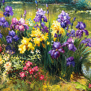 Close detail of the printed image in Violet Irises at Summer's End.