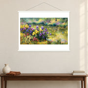 Violet Irises at Summer's End, shown as a complete bordered art print with white hanging rods above a console in a closer room view.