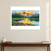 Burnished Peaks and Flowered Shore, shown as a complete bordered art print with white hanging rods above a console in a closer room view.
