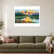 Burnished Peaks and Flowered Shore, shown as a complete bordered art print with white hanging rods above a sofa in a living room.