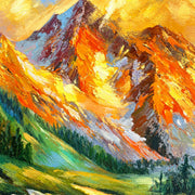 Close detail of the printed image in Sunlit Summit in Orange and Blue.