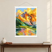 Sunlit Summit in Orange and Blue, shown as a complete bordered art print with white hanging rods above a console in a closer room view.