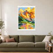 Sunlit Summit in Orange and Blue, shown as a complete bordered art print with white hanging rods above a sofa in a living room.