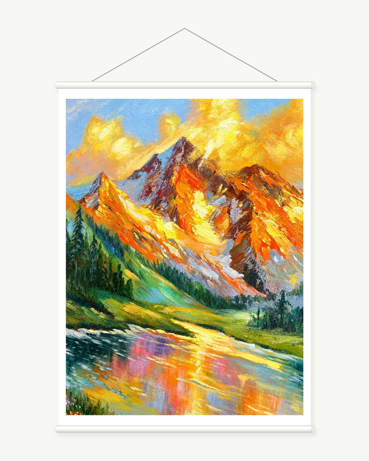 Sunlit Summit in Orange and Blue, complete art print with a white paper border and included white cylindrical hanging rods.