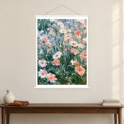Blush Wildflowers in the Breeze, shown as a complete bordered art print with white hanging rods above a console in a closer room view.